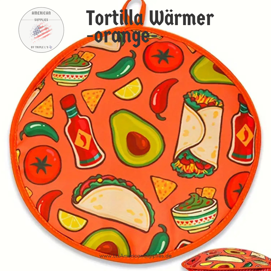 30cm,12-Zoll Tortilla-Wärmer ORANGE mit mexikanischem Druck – Mikrowellensichere isolierte Stofftasche für Tortillas, Pita und Pfannkuchen