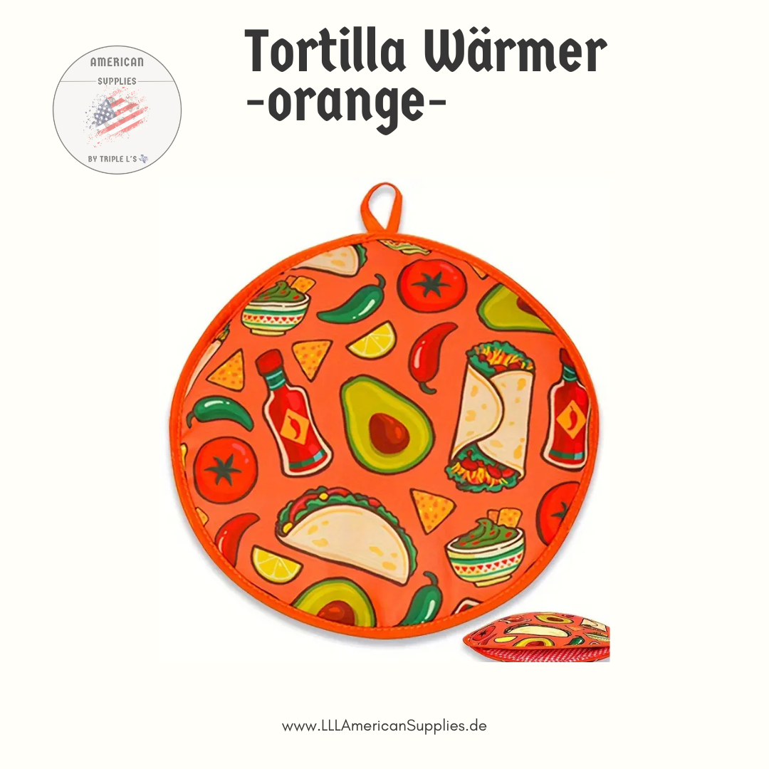 30cm,12-Zoll Tortilla-Wärmer ORANGE mit mexikanischem Druck – Mikrowellensichere isolierte Stofftasche für Tortillas, Pita und Pfannkuchen