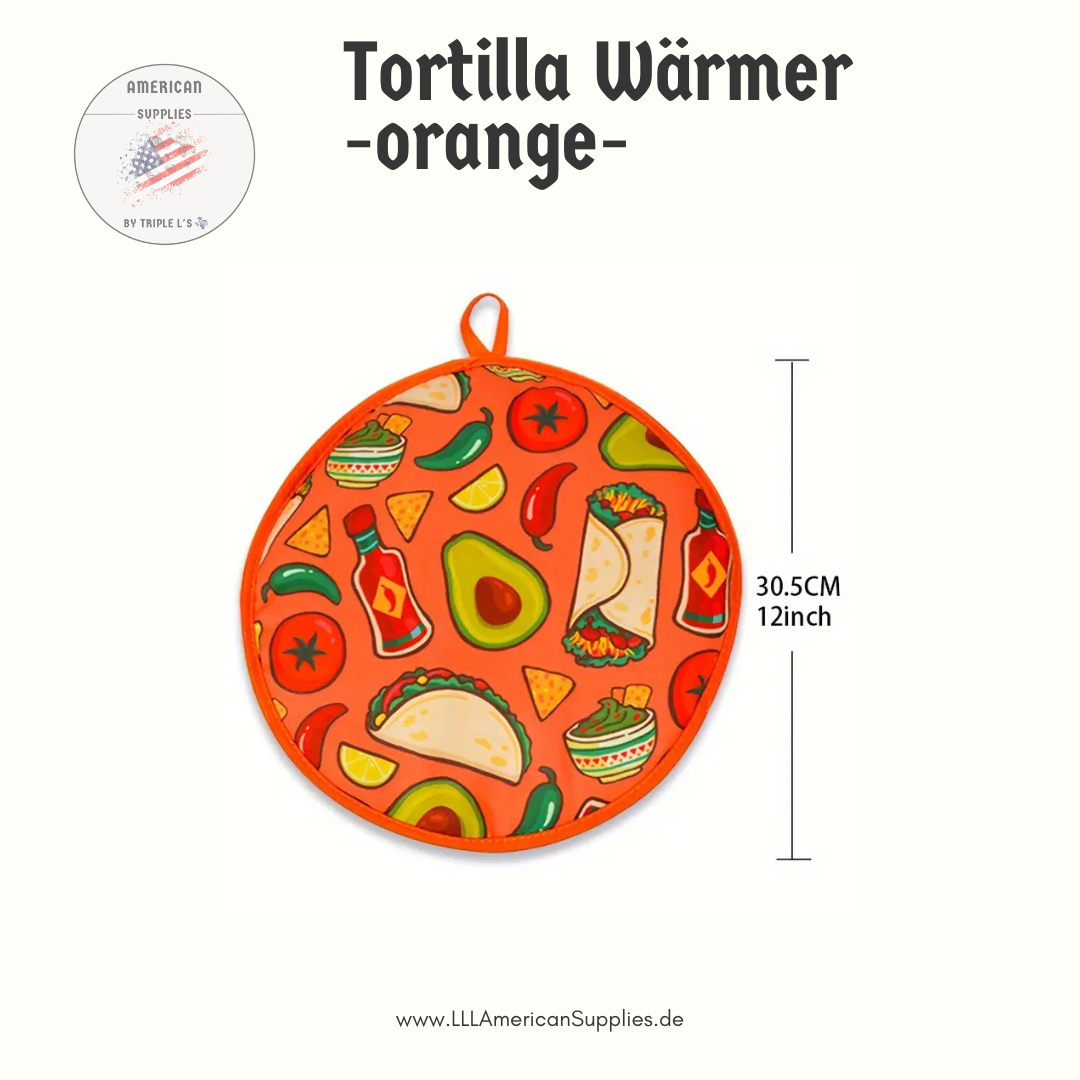 30cm,12-Zoll Tortilla-Wärmer ORANGE mit mexikanischem Druck – Mikrowellensichere isolierte Stofftasche für Tortillas, Pita und Pfannkuchen