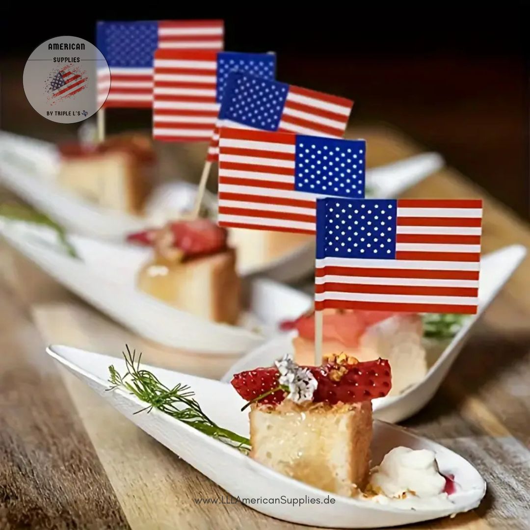 100er-Set Patriotische Muffin, Burger, Cocktail Spieße-Fähnchen im USA-Design