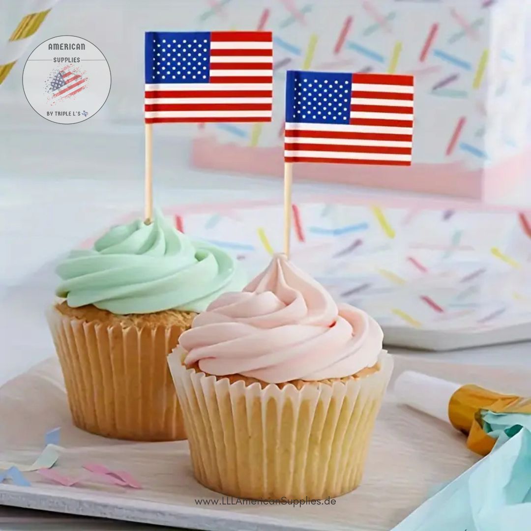100er-Set Patriotische Muffin, Burger, Cocktail Spieße-Fähnchen im USA-Design