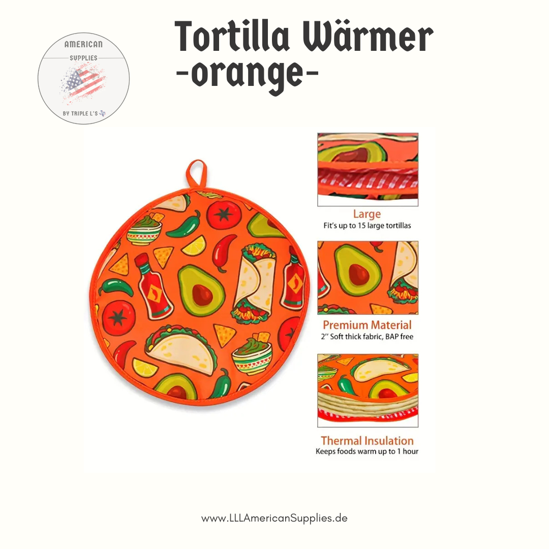 30cm,12-Zoll Tortilla-Wärmer ORANGE mit mexikanischem Druck – Mikrowellensichere isolierte Stofftasche für Tortillas, Pita und Pfannkuchen