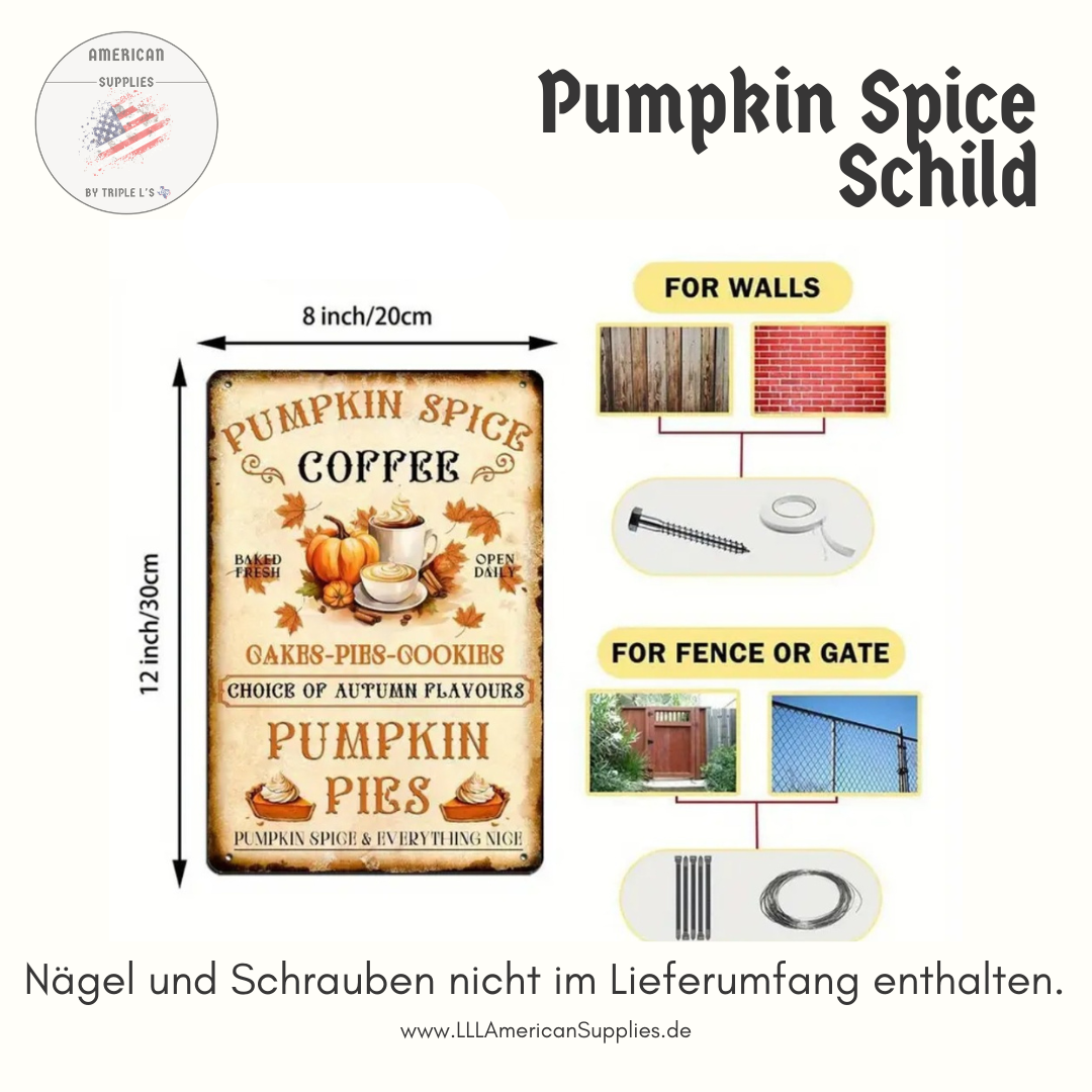 Vintage Pumpkin Spice Metallschild - Herbstdeko USA-Style | 20x30 cm Alu-Schild