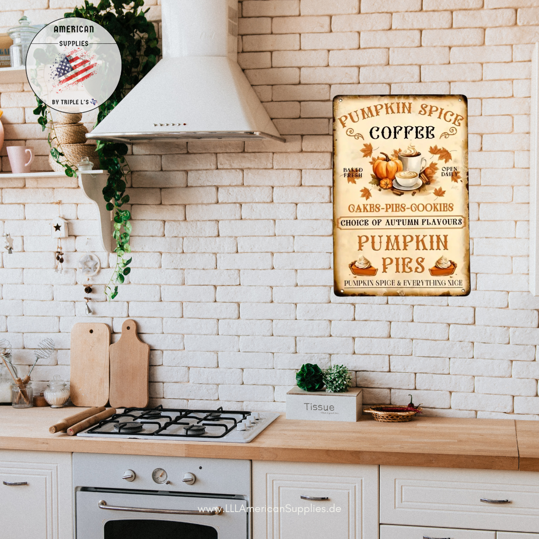 Vintage Pumpkin Spice Metallschild - Herbstdeko USA-Style | 20x30 cm Alu-Schild