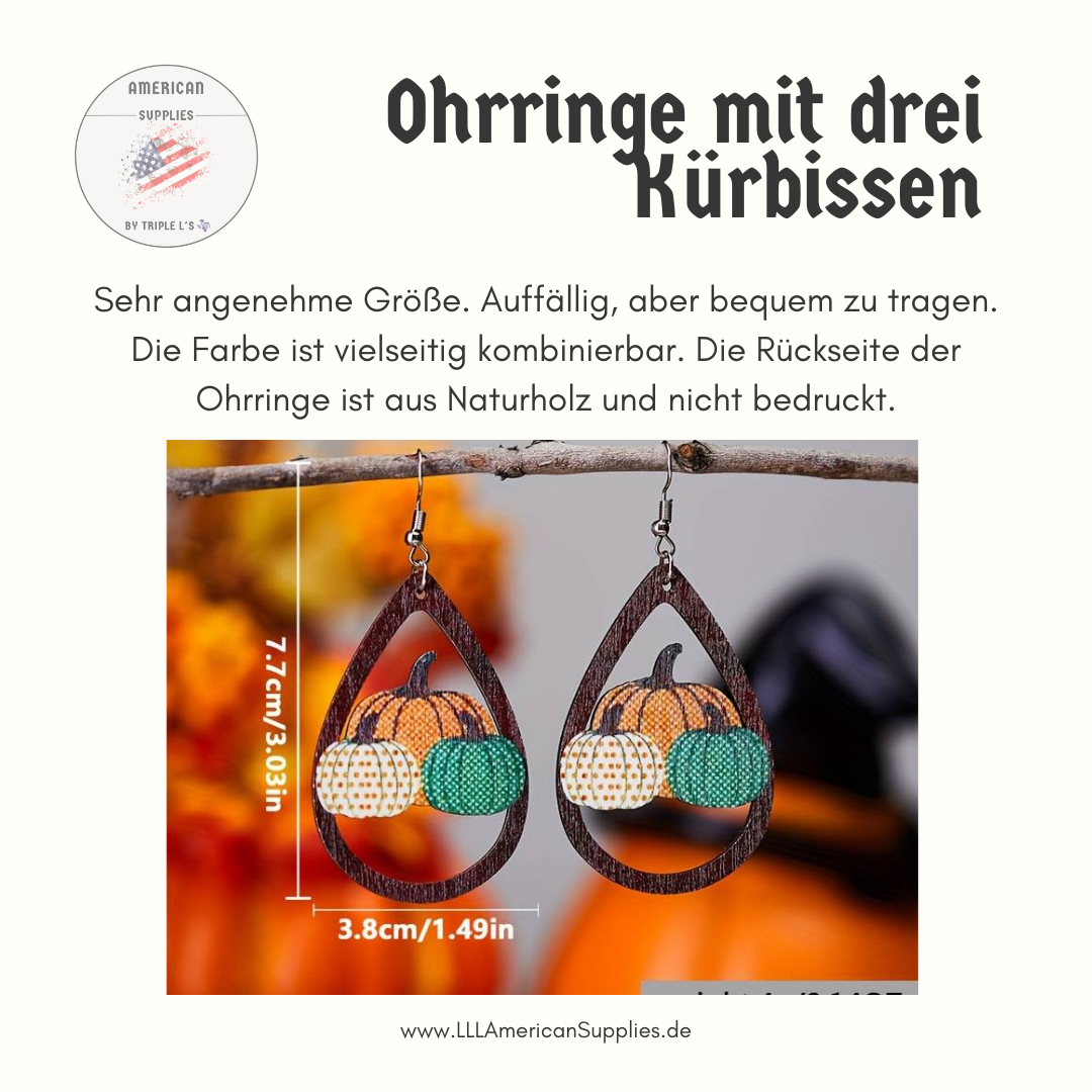 Holzohrringe mit Kürbismotiv – Bedruckte Vorderseite, Natürliche Rückseite