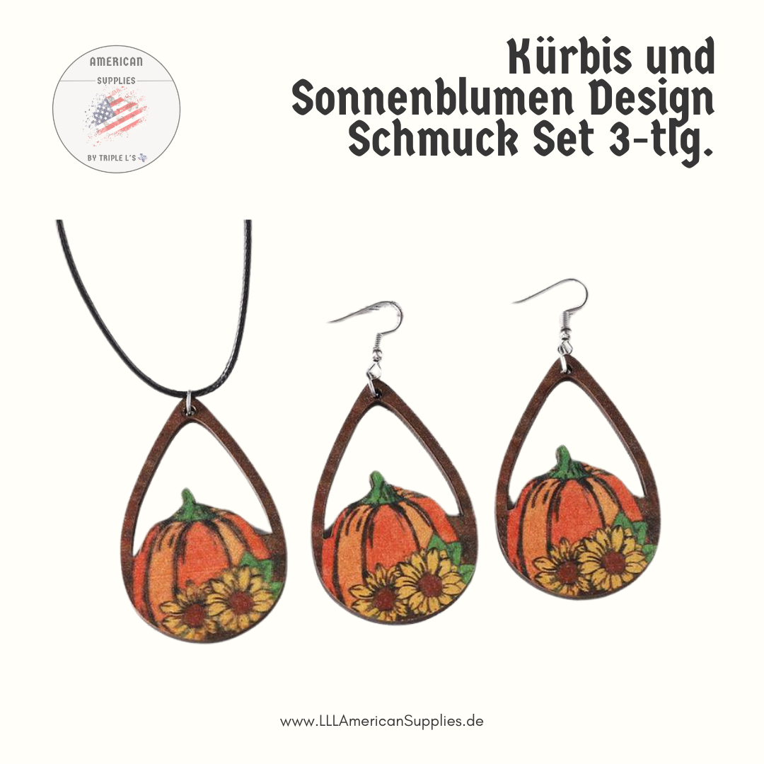 Thanksgiving Schmuckset – 3-teilig mit Kürbis- und Sonnenblumen-Design, Holzanhänger und Ohrringe