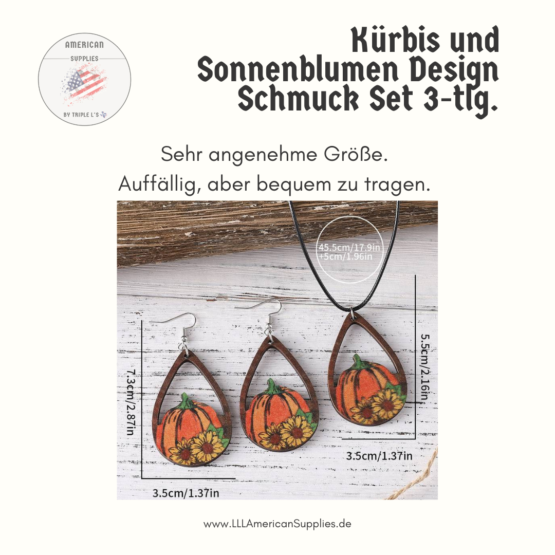 Thanksgiving Schmuckset – 3-teilig mit Kürbis- und Sonnenblumen-Design, Holzanhänger und Ohrringe