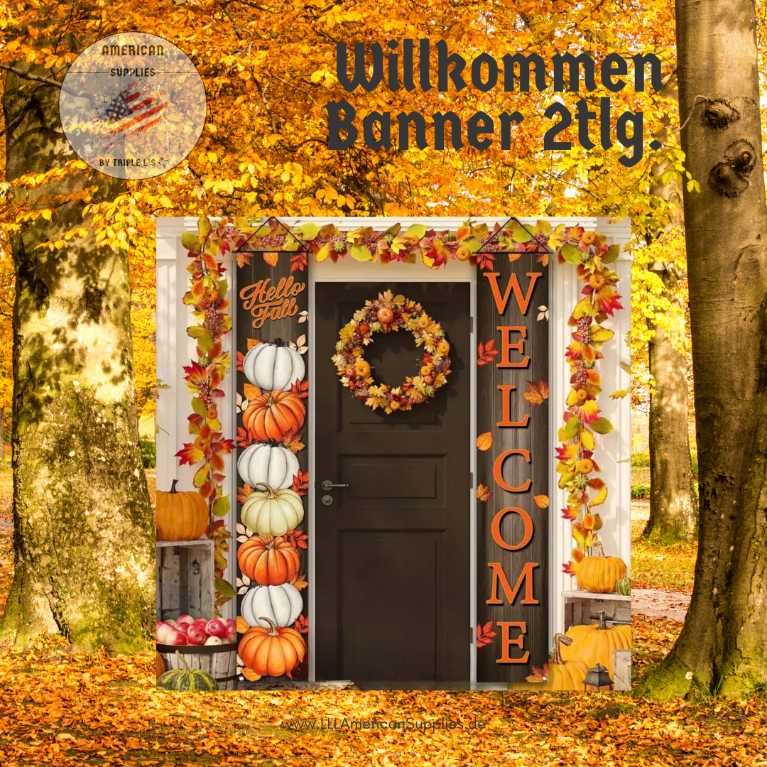Herbstliche Willkommensbanner-Set mit Kürbissen – 180x30cm, Polyester