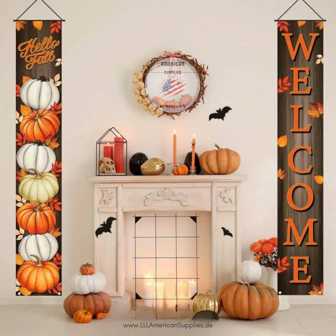 Herbstliche Willkommensbanner-Set mit Kürbissen – 180x30cm, Polyester
