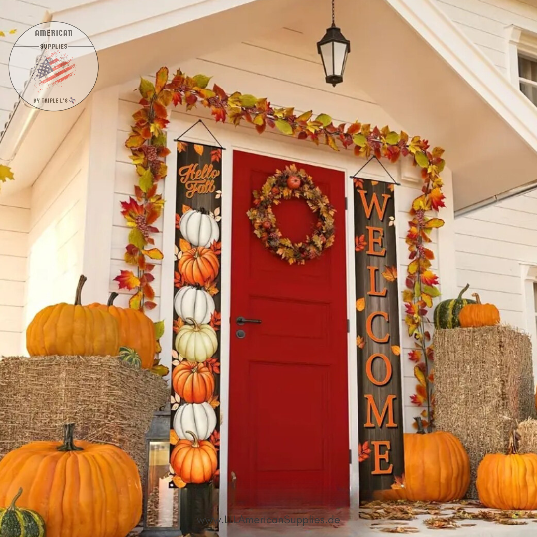 Herbstliche Willkommensbanner-Set mit Kürbissen – 180x30cm, Polyester