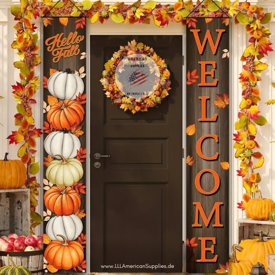 Herbstliche Willkommensbanner-Set mit Kürbissen – 180x30cm, Polyester