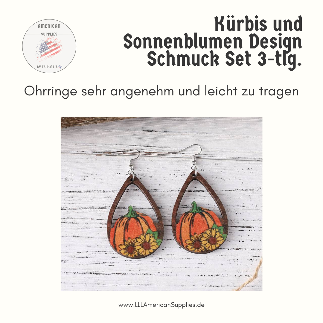 Thanksgiving Schmuckset – 3-teilig mit Kürbis- und Sonnenblumen-Design, Holzanhänger und Ohrringe