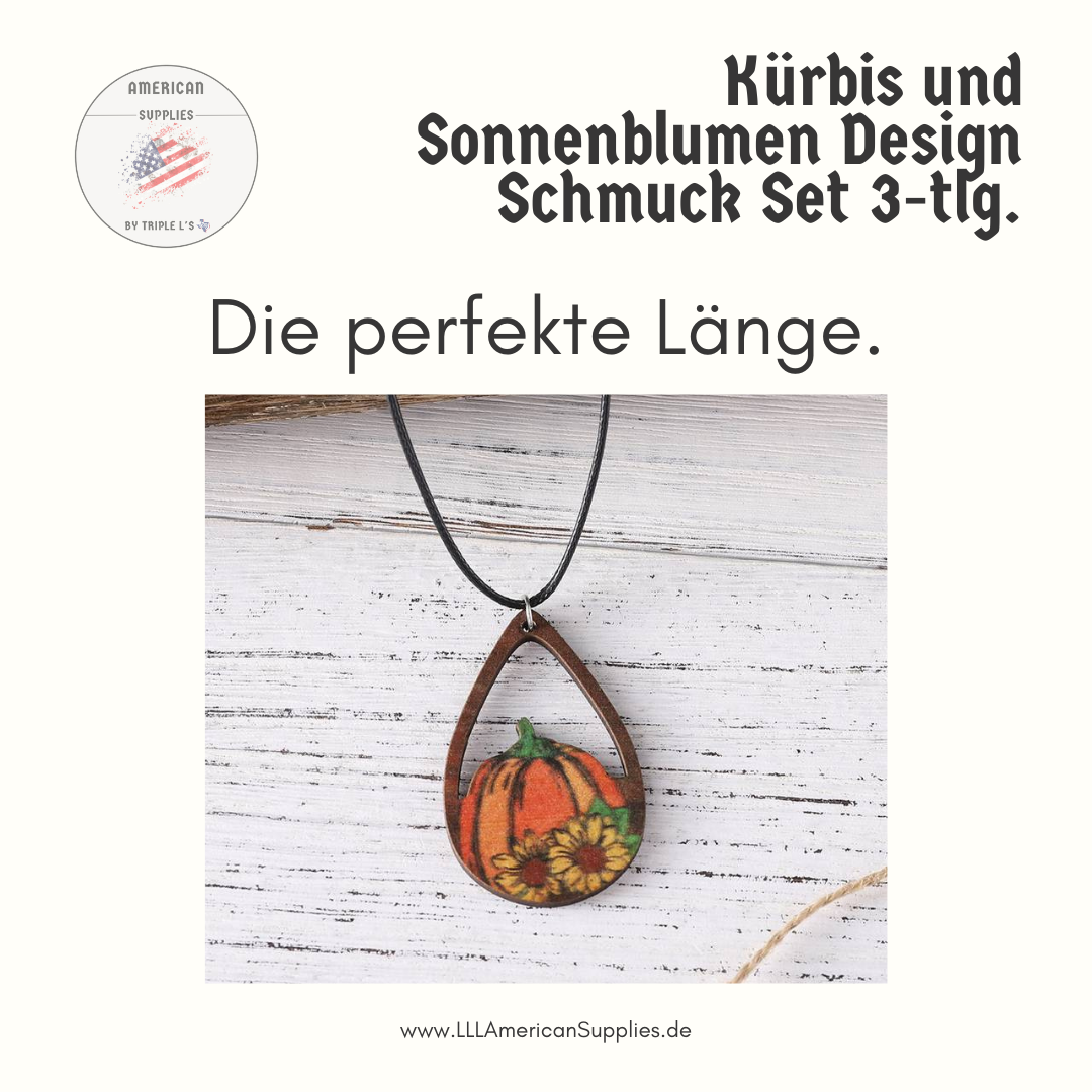 Thanksgiving Schmuckset – 3-teilig mit Kürbis- und Sonnenblumen-Design, Holzanhänger und Ohrringe