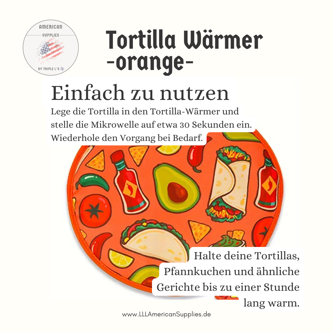 30cm,12-Zoll Tortilla-Wärmer ORANGE mit mexikanischem Druck – Mikrowellensichere isolierte Stofftasche für Tortillas, Pita und Pfannkuchen