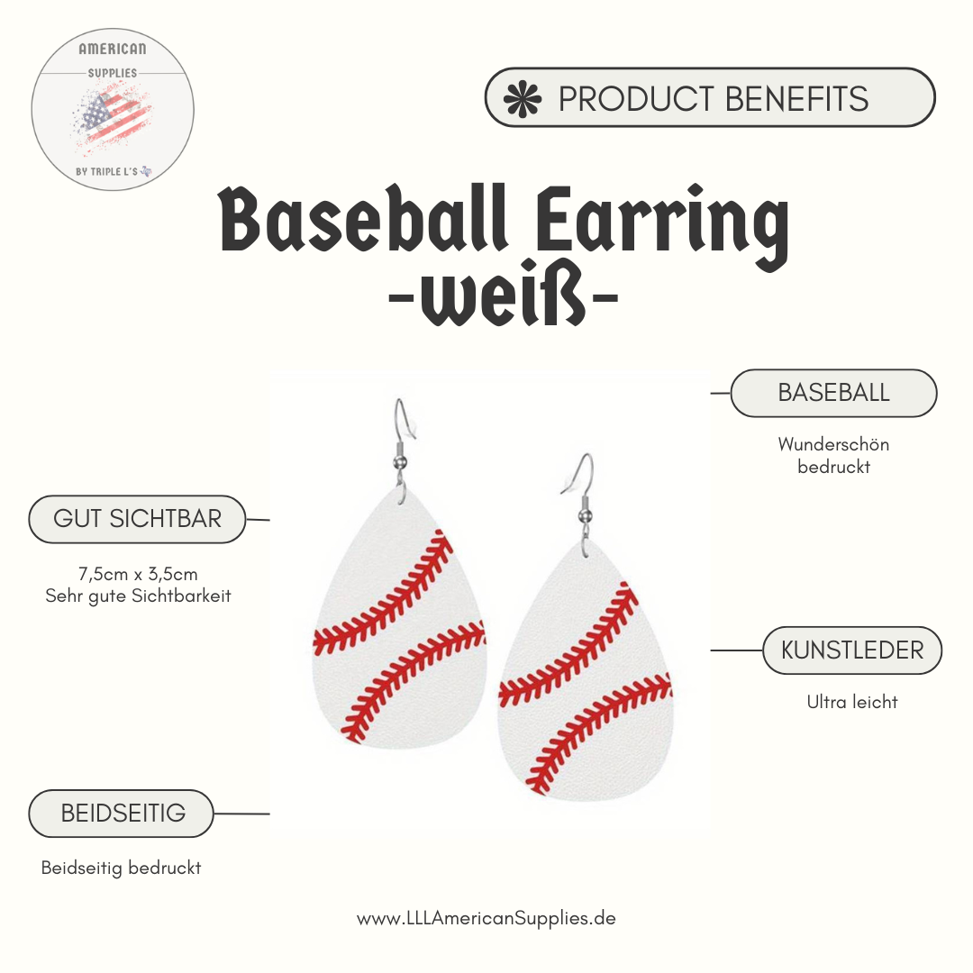 Baseball Ohrring weiß - ultra leicht - Kunstleder - Baseball