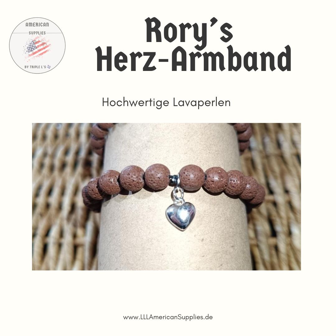 Rory’s Herz-Armband – Lavaperlen & 925 Sterling Silber (mit hängendem Herz)