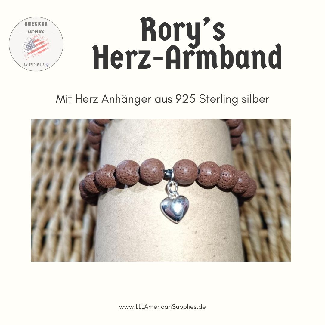 Rory’s Herz-Armband – Lavaperlen & 925 Sterling Silber (mit hängendem Herz)